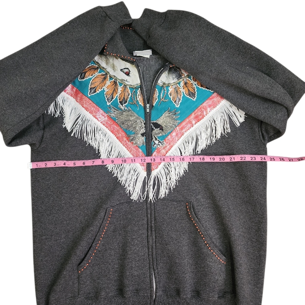 VINTAGE Handpainted Beaded Zip Sweatshirt Aztc Southwest Eagle Fringe Artsy XL - Picture 10 of 13